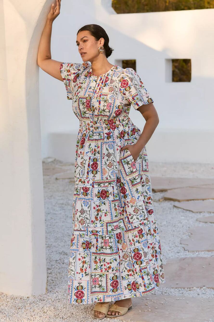 nwt by ANTHRPOLOGIE sz 1X Somerset Maxi Dress: Ivory Tile Motif